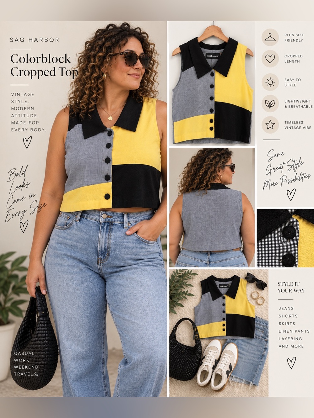 Sag Harbor Yellow, Black & Gray Colorblock Collared Crop Top